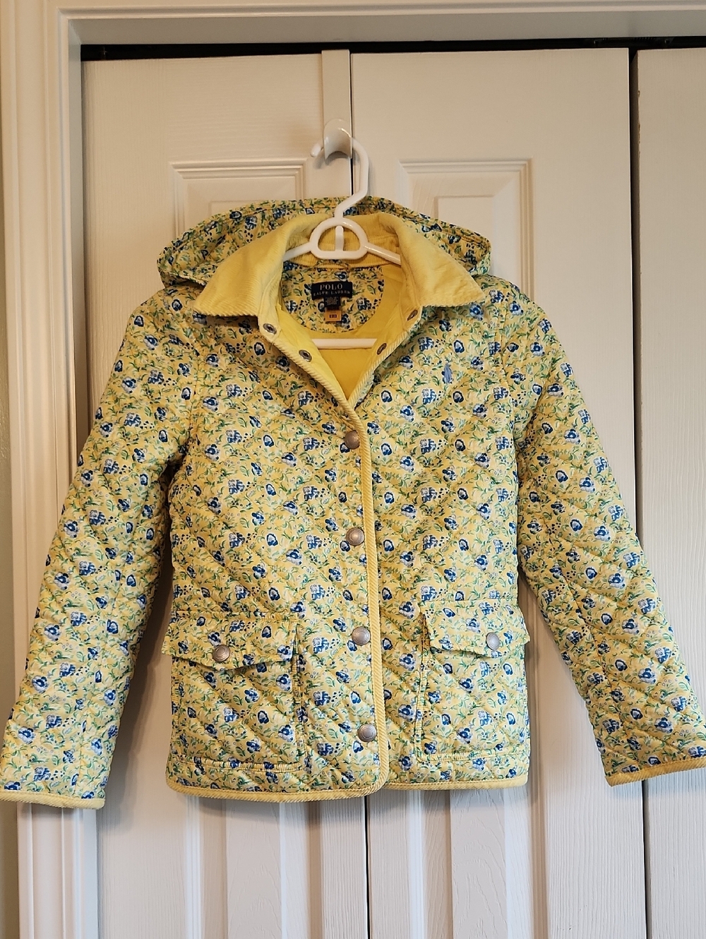 Polo Ralph Lauren Yellow Quilted Floral Hooded Barn Jacket Size M 8-10